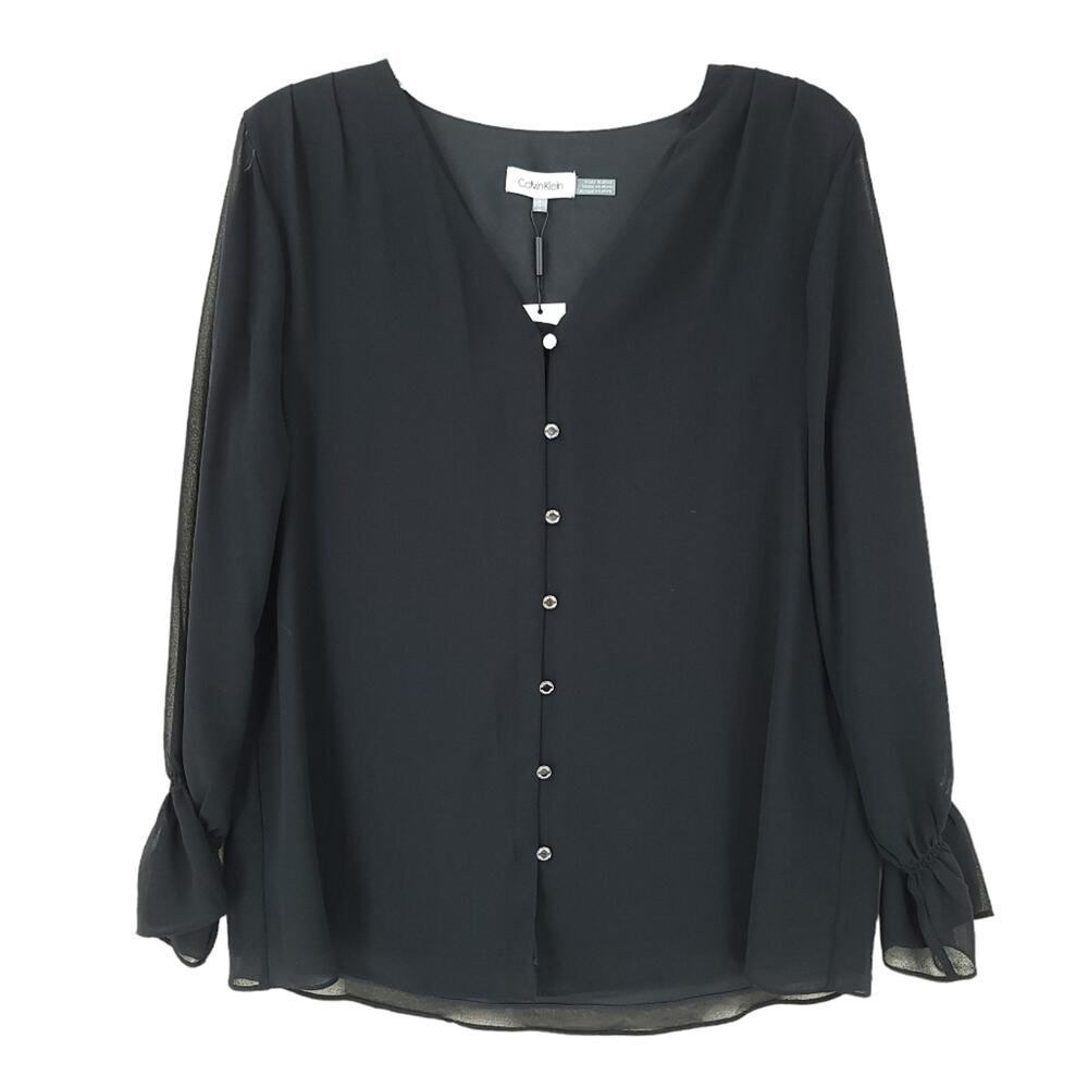 Calvin Klein Black Chiffon V-Neck Blouse Size M - Picture 2 of 9